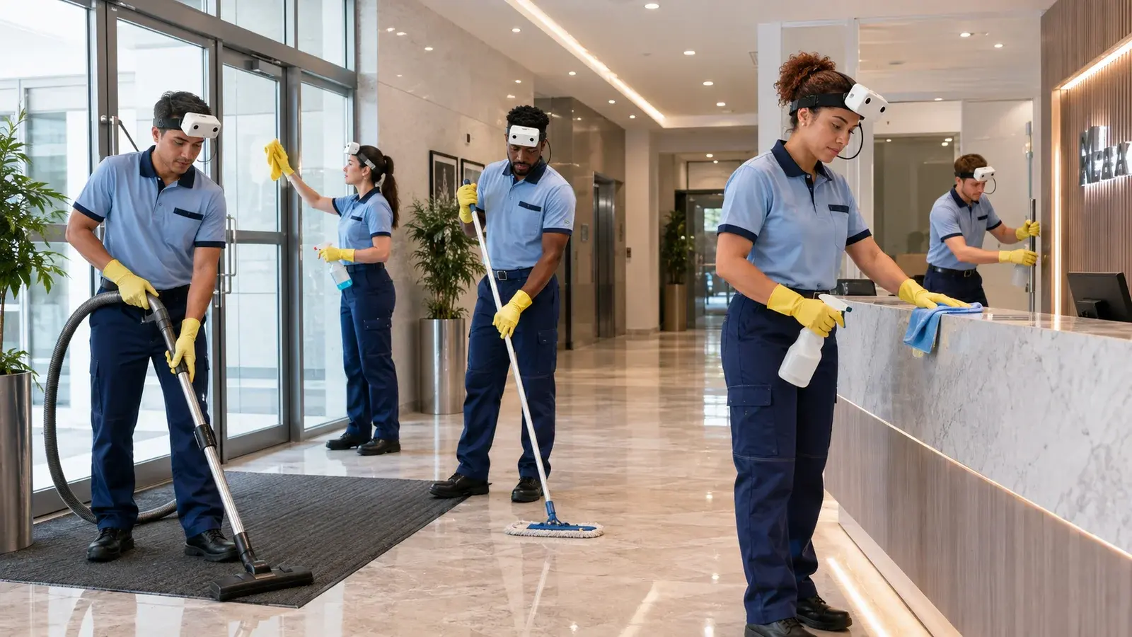 AI-generated example of commercial cleaners wearing cameras while cleaning a lobby