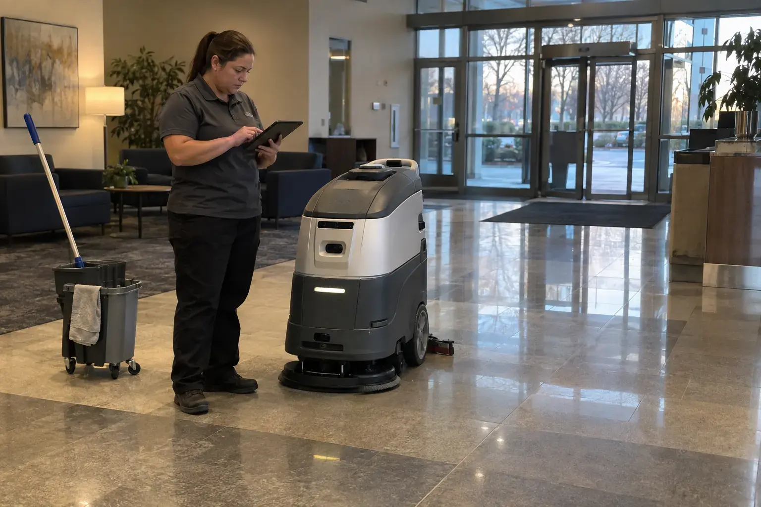 A cleaning supervisor checking a tablet next to a parked floor-cleaning machine in an office lobby.