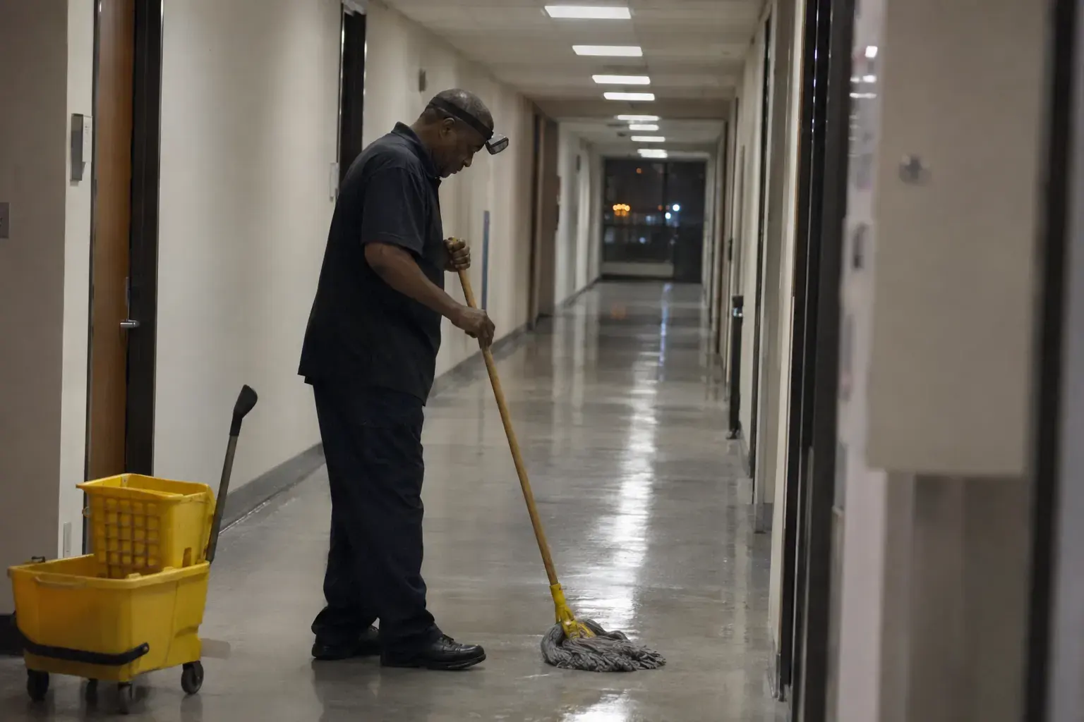 A cleaner mopping an office hallway at night with a phone on his forehead.