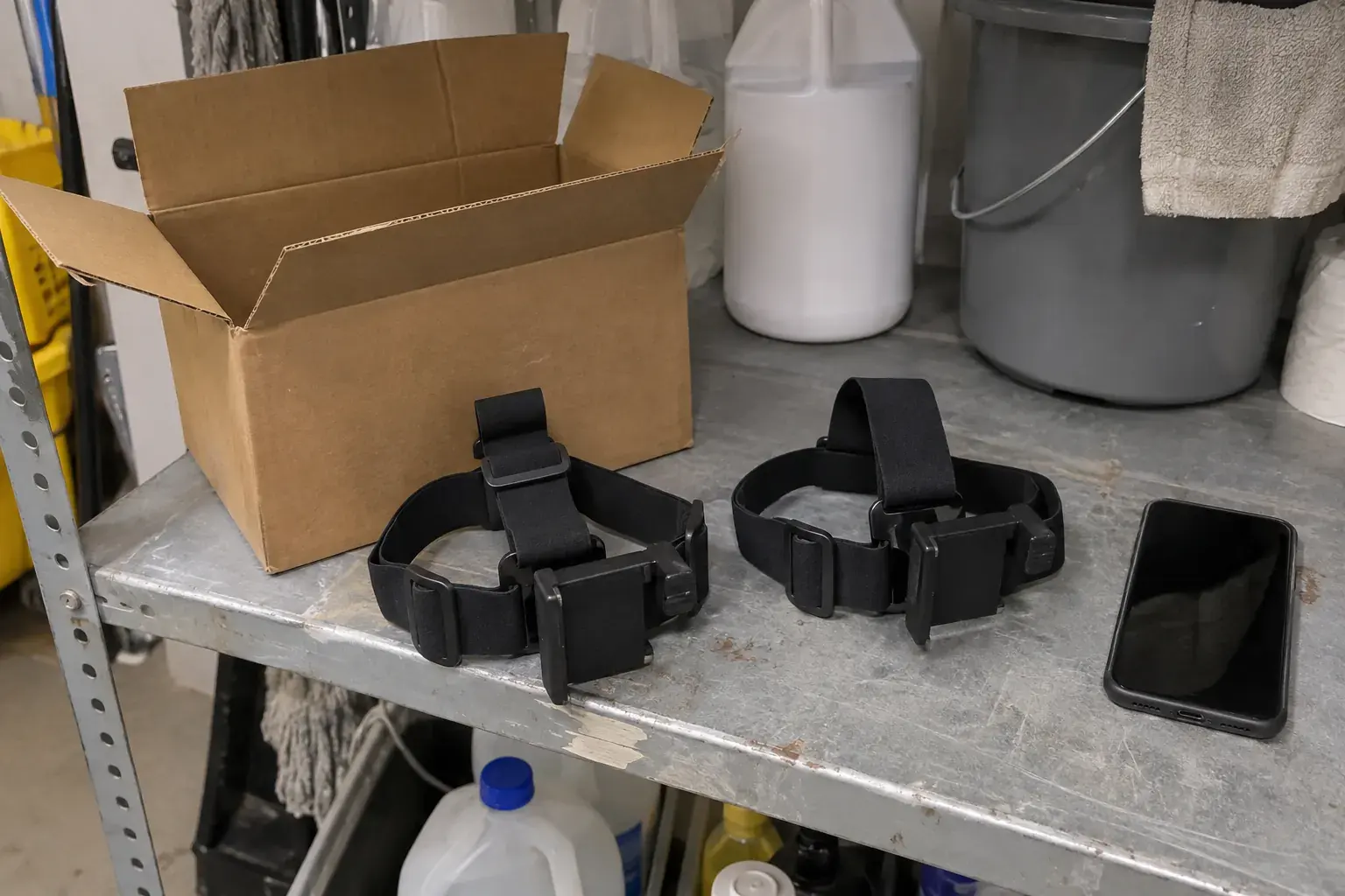 An opened shipping box on a supply-room shelf, with two phone head mounts and a phone laid out beside it.