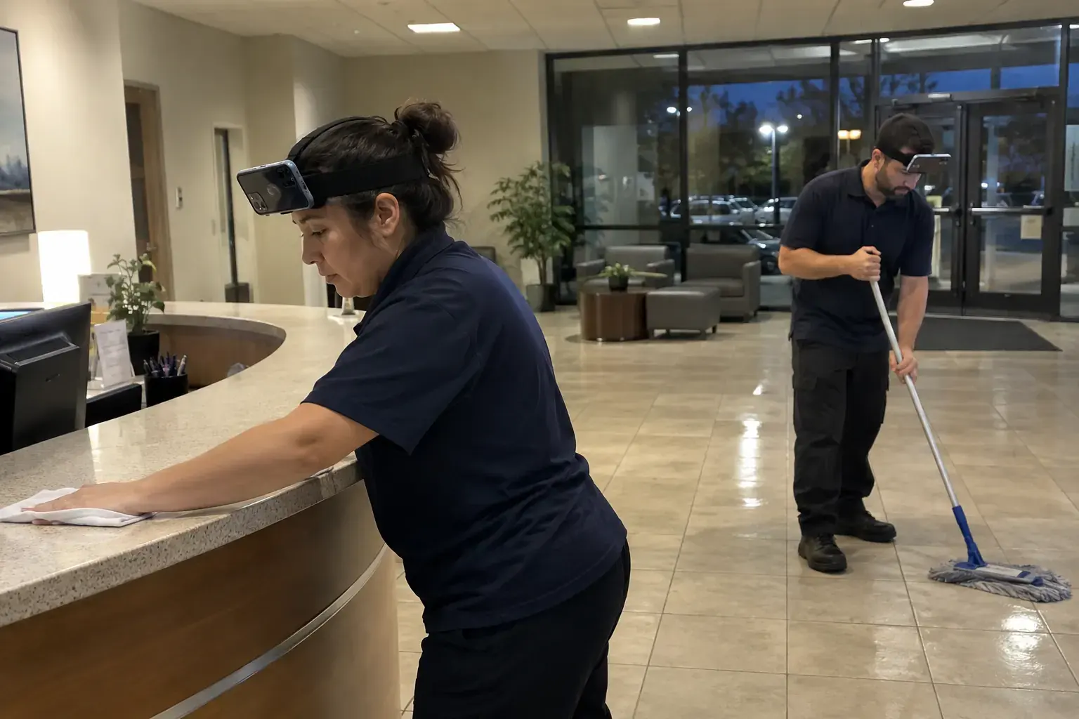 Two cleaners in an office lobby, each wearing a phone in a head strap on the forehead, tilted down at the work.