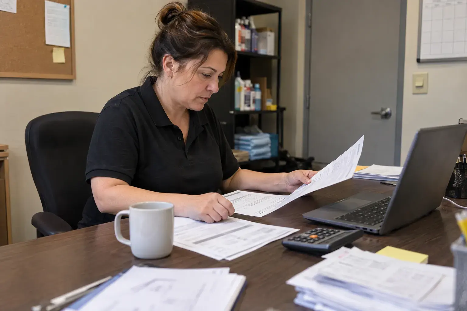 A cleaning company owner at her desk reviewing a printed monthly hours report next to a laptop and calculator.