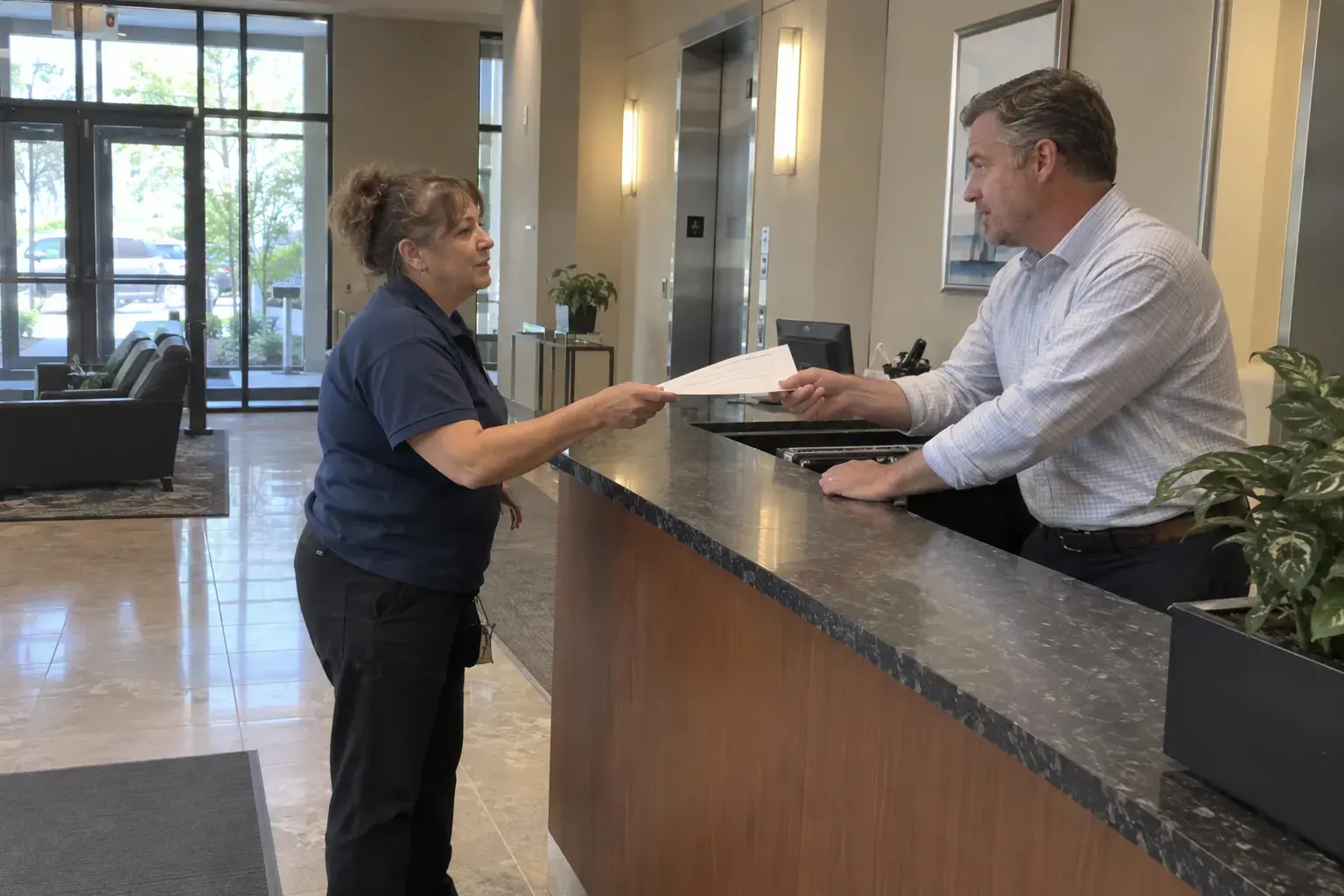 A cleaning company owner handing a one-page letter to a building manager at a lobby front desk.