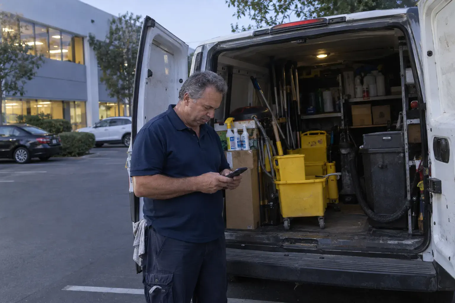 A cleaning company owner checking his phone at the back of a loaded work van.
