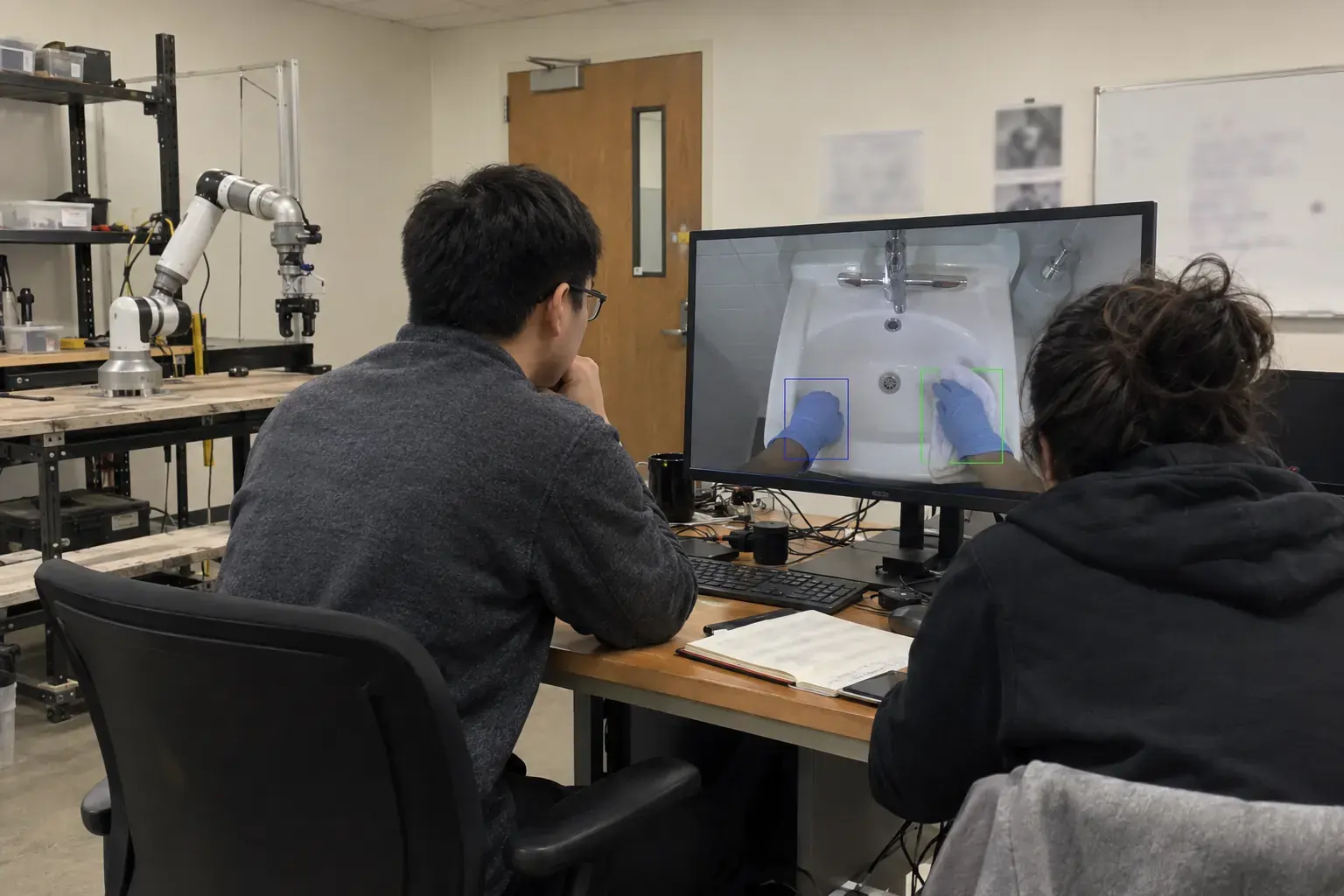 Two engineers reviewing a first-person video of hands wiping a sink, with boxes drawn around each hand.