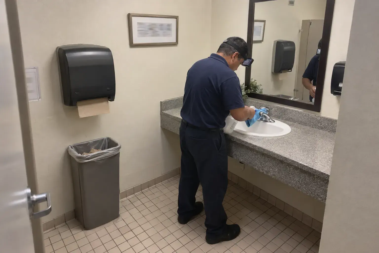 A cleaner wiping a restroom sink, seen from the corner of the room. His hands are small and partly blocked.