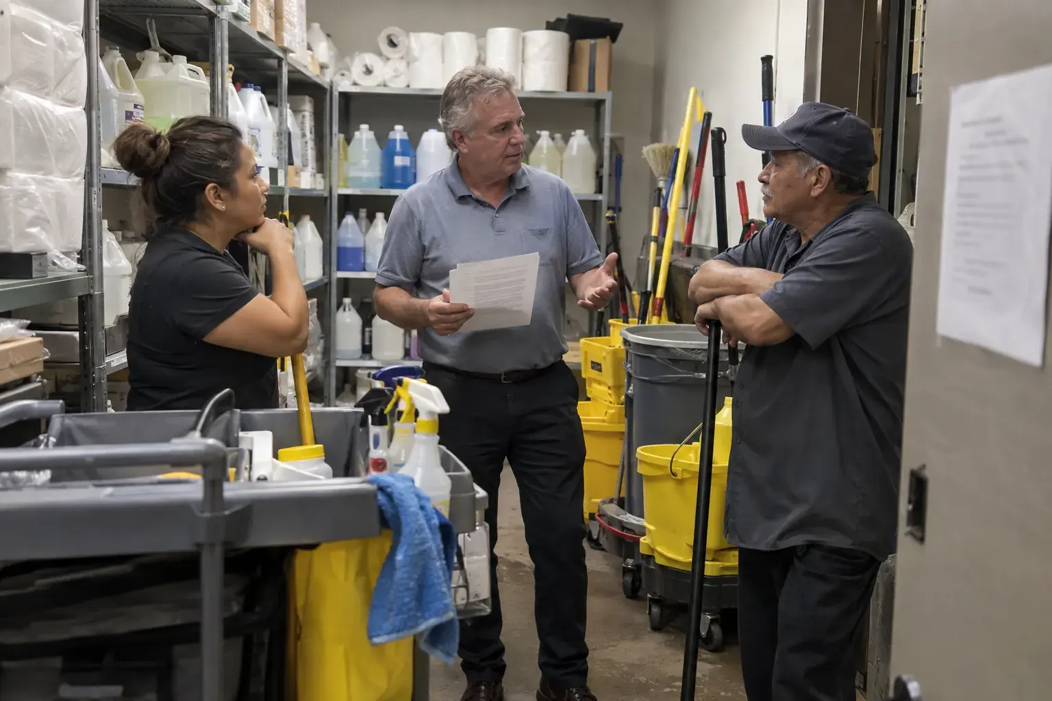 An owner going over a printed sheet with two cleaners in a supply closet before a shift.
