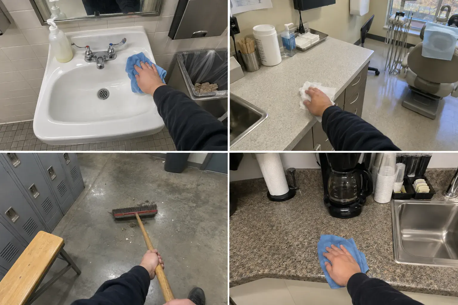 Four first-person views of cleaning: a school restroom sink, a dental office counter, a warehouse locker room floor and an office kitchen counter.