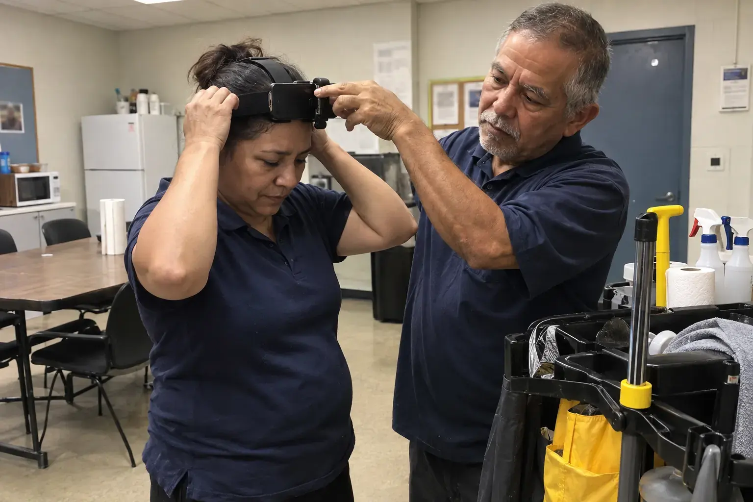 A cleaner in a break room adjusting a phone head strap on her forehead while a coworker helps tilt the phone down.