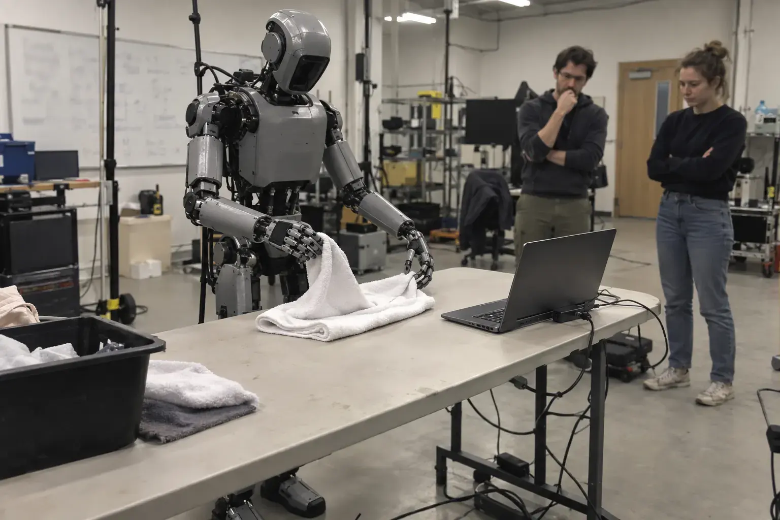 A humanoid robot in a research lab handling a towel at a table while two engineers watch.