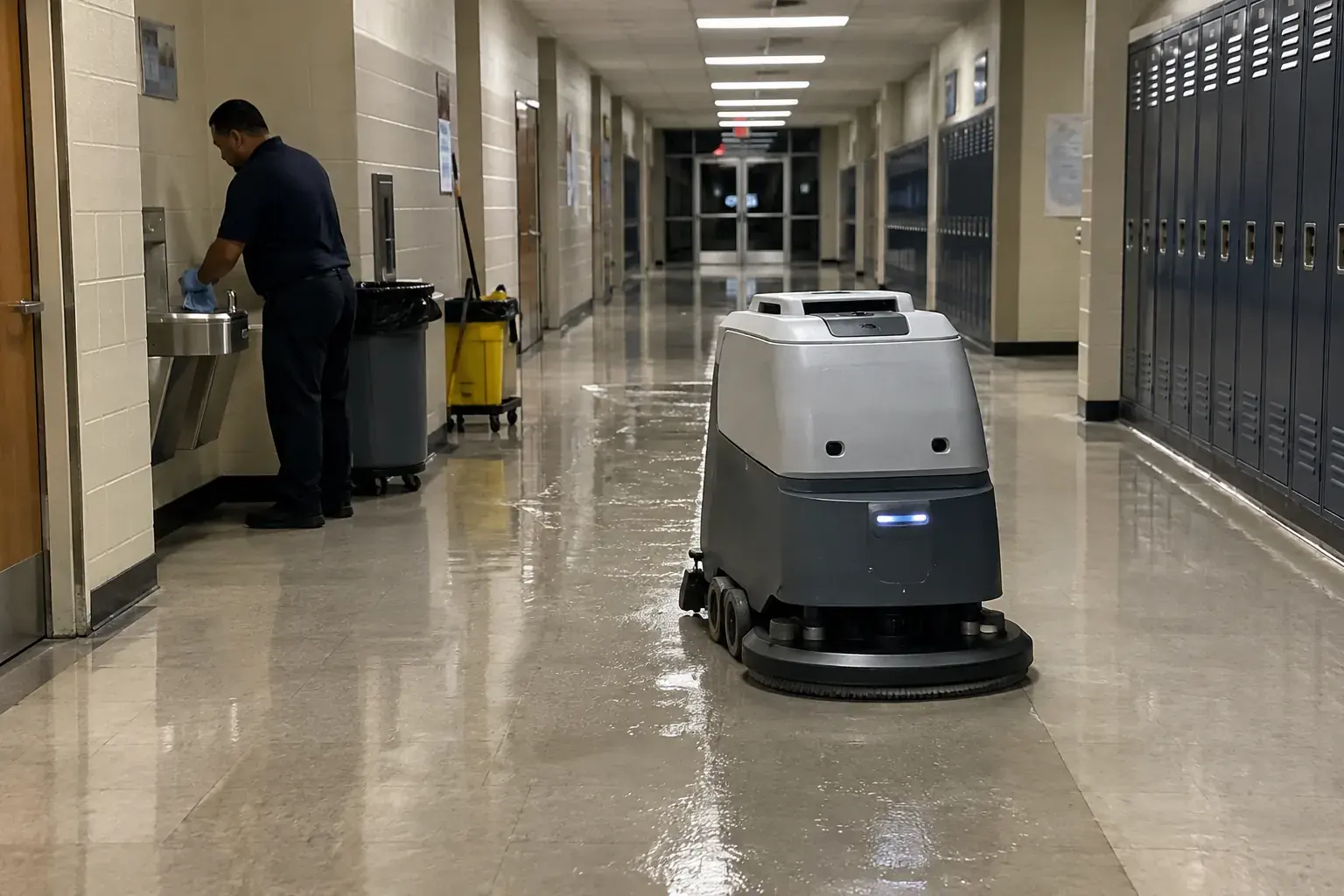 A self-driving floor scrubber cleaning a school hallway at night while a cleaner wipes a drinking fountain by hand.