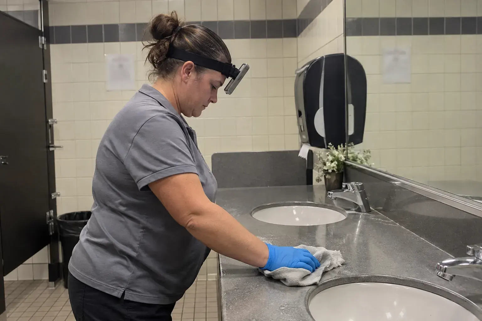 A cleaner wiping a restroom counter with a phone held just above her eyes by a head strap, tilted down.