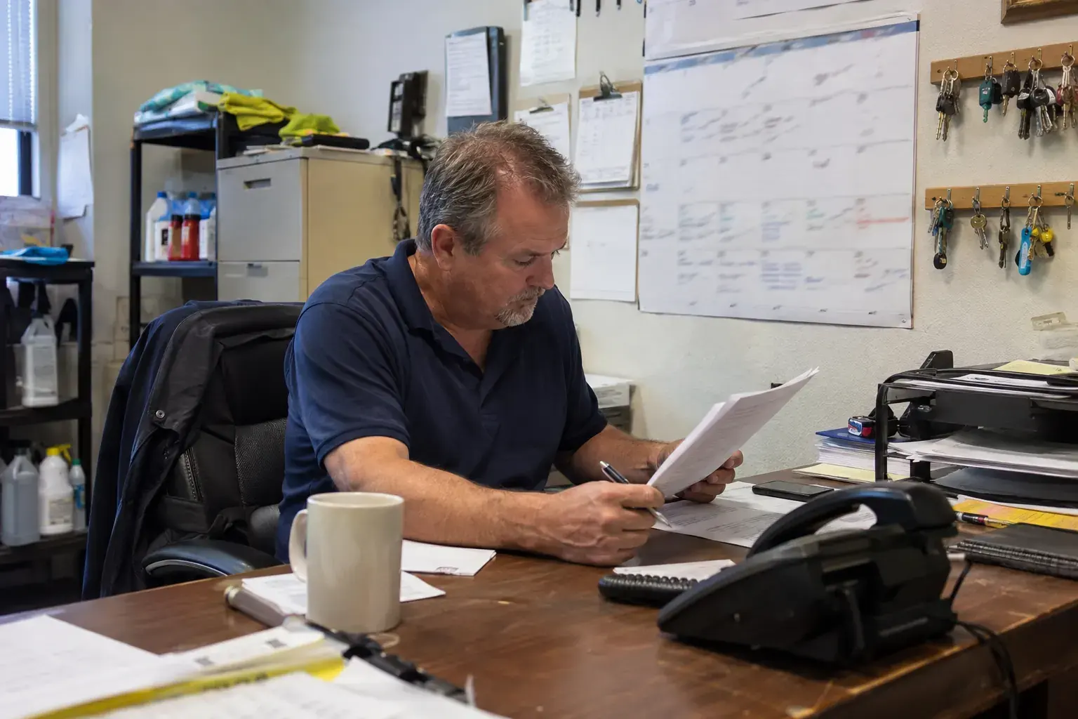 A cleaning company owner at his office desk reading a printed agreement with a pen in hand.