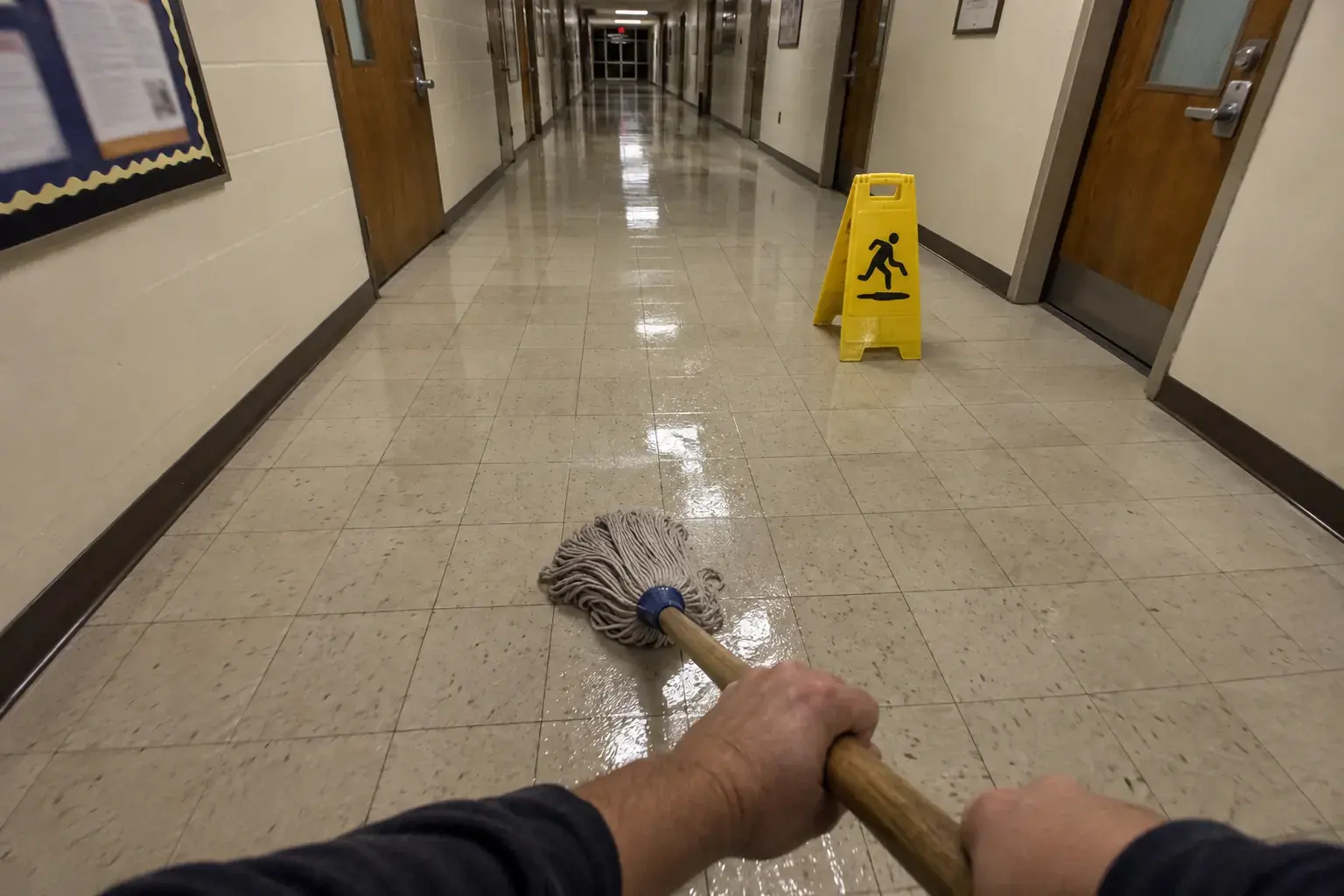 First-person view of a cleaner mopping a tiled hallway, with the wet shine spreading behind the mop.