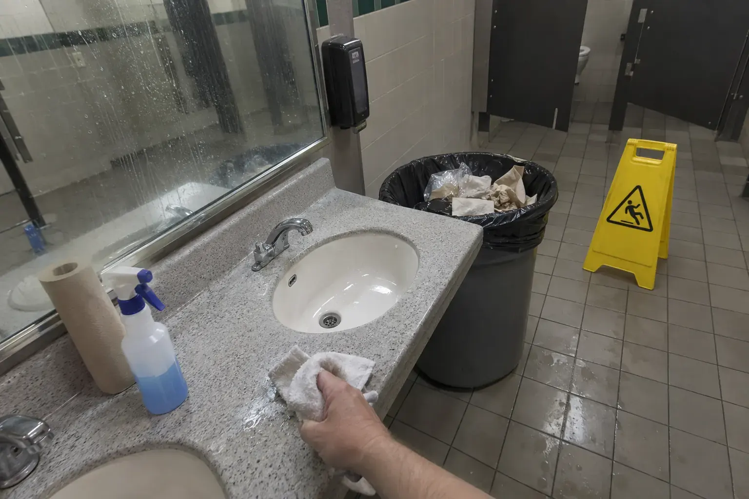 First-person view of a restroom mid-clean: a full trash can, a streaked mirror and a wet floor sign.