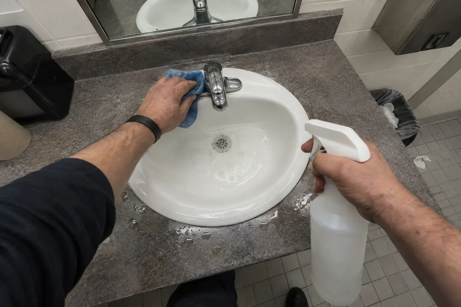 The same kind of sink seen from the cleaner's forehead: both hands, the rag and the spray bottle fill the frame.