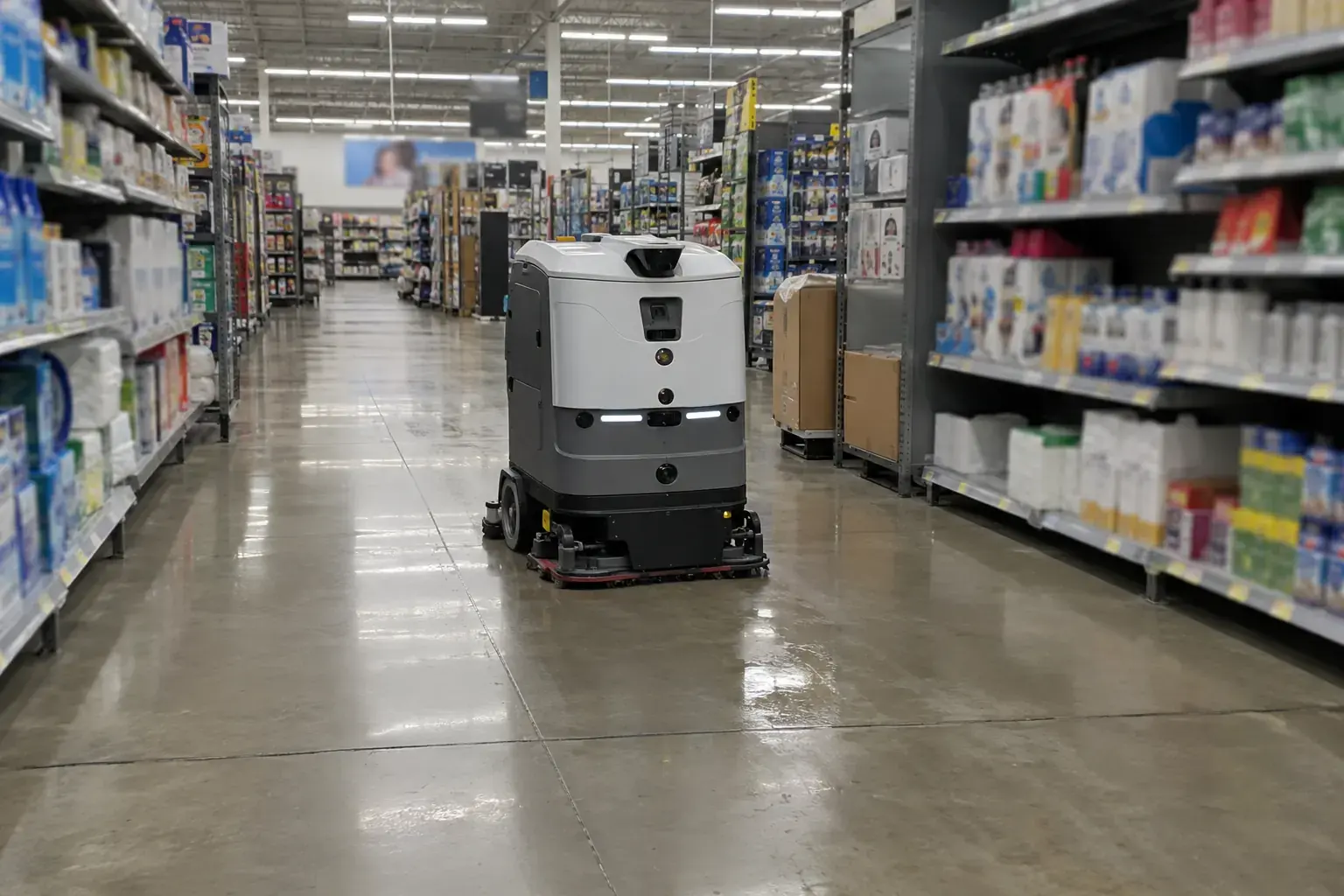 A floor-scrubbing robot cleaning a wide, empty store aisle.